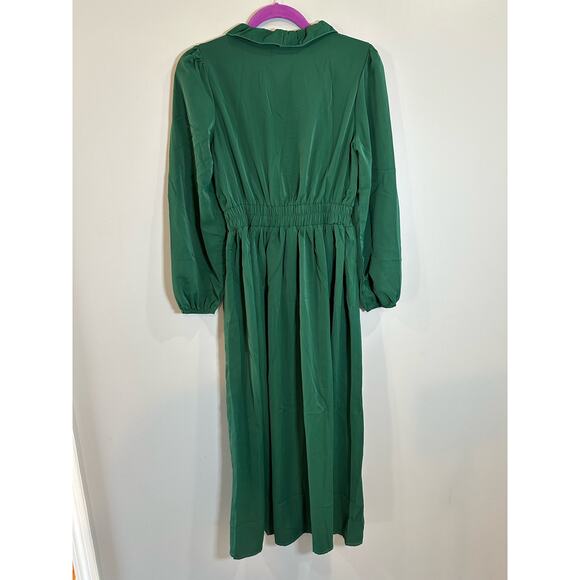 NWT- Dark green Long Sleeve midi Dress, Empire Waist Ruffle V neck- Small - Picture 3 of 6